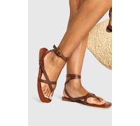 Boohoo Contrast Stitch Toe Post Wrap Around Sandals In Tan tan 3