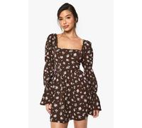 Boohoo Corset Floral Print Puff Sleeve Milkmaid Skater Dress In Brown brown 8