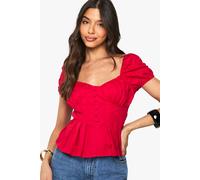 Boohoo Cotton Poplin Pleated Milkmaid Top In Red red 12