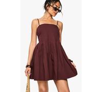 Boohoo Cotton Poplin Pleated Volume Smock Mini Dress In Chocolate chocolate 14