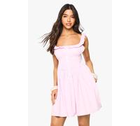 boohoo Women's Cotton Poplin Shirred Button Down Mini Dress in Pink | Size: 18
