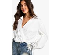 Boohoo Cotton Poplin Wrap Detail Shirt In White white 10