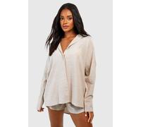 boohoo Women's Cotton Tonal Pinstripe Oversized Pyjama Shirt in Stone | Size: 12