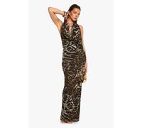 Boohoo Cowl Neck Leopard Printed Mesh Maxi Dress In Brown brown 16