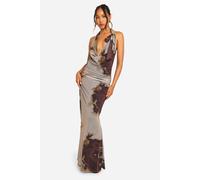 Boohoo Cowl Neck Printed Mesh Tie Neck Maxi Dress In Brown brown 18