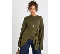 Boohoo Crew Neck Flared Sleeve Knitted Jumper In Khaki khaki L