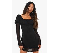 Boohoo Crinkle Chiffon Long Sleeve Mini Dress In Black black 14