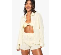 Boohoo Crinkle Cotton Beach Shirt In Lemon lemon M