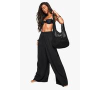 Boohoo Crinkle Cotton Beach Trousers In Black black S
