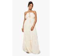 Boohoo Crinkle Cotton Strappy Tiered Maxi Dress In Cream cream 8