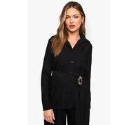 Boohoo Crinkle Crepe Gold Trim Belted Shirt In Black black 10