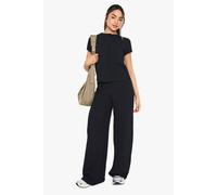 Boohoo Crinkle Rib Button Through Cap Sleeve Top And Trouser Set In Black black