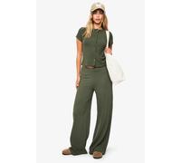 Boohoo Crinkle Rib Button Through Cap Sleeve Top And Trouser Set In Khaki khaki