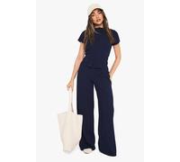 Boohoo Crinkle Rib Button Through Cap Sleeve Top And Trouser Set In Navy navy