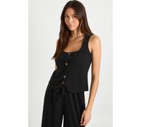 Boohoo Crinkle Rib Scoop Neck Button Through Top In Black black 14