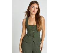 Boohoo Crinkle Rib Scoop Neck Button Through Top In Khaki khaki 16
