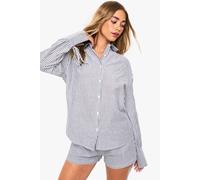 boohoo Women's Crinkle Stripe Tie Cuff Shirt & Short Co-Ord in Navy | Size: 16