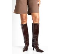 boohoo Women's Croc Stiletto Column Pointed Knee High Boots in Chocolate | Size: 4