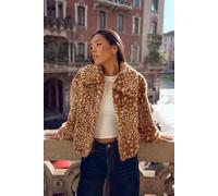 Boohoo Deer Print Faux Fur Collared Coat In Natural natural 12