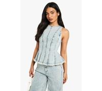 Boohoo Denim Seam Detail Peplum Hem Top In Washed Blue washed blue 12