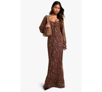 Boohoo Ditsy Crinkle Chiffon Milkmaid Maxi Dress In Chocolate chocolate 14