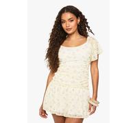 Boohoo Ditsy Floral Mesh Angel Sleeve Ruched Mini Dress In Lemon lemon 16