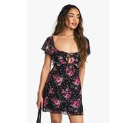 Boohoo Ditsy Floral Mesh Angel Sleeve Tie Front Mini Dress In Black black 10