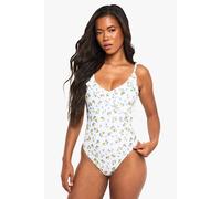 Boohoo Ditsy Floral Print Ruffle Detail Scoop Swimsuit In White white 16