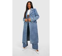 Boohoo Double Breasted Denim Trench Coat In Mid Blue mid blue 16