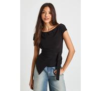 Boohoo Double Layer Slinky Boat Neck Short Sleeve Top With Wrap Tie Detail In Black black