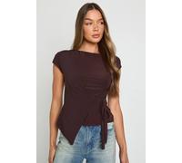 Boohoo Double Layer Slinky Boat Neck Top With Wrap Tie Detail In Chocolate chocolate 16