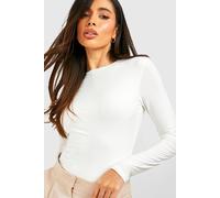 Boohoo Double Layer Slinky Long Sleeve Crew Neck Bodysuit In Ecru ecru 14