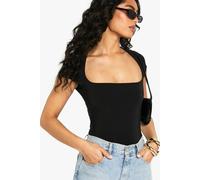 Boohoo Double Layer Slinky Square Neck Cap Sleeve Bodysuit In True Black true black 14