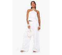 Boohoo Drawstring Waist Poplin Wide Leg Trousers In White white 16