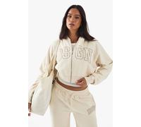 boohoo Women's Dsgn Studio Collegiate Embroidered Boxy Zip Through Hoodie in Ecru | Size: Medium
