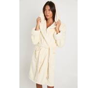 Boohoo Embossed Bow Print Fleece Hooded Long Dressing Gown In Cream cream L