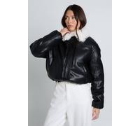 Boohoo Faux Fur Collar Faux Leather Bomber Jacket In Black black 12