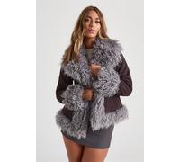 boohoo Women's Faux Fur Trim Suede Look Coat in Chocolate | Size: 8