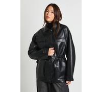 Boohoo Faux Leather Pocket Detail Cinch Waist Jacket In Black black 14