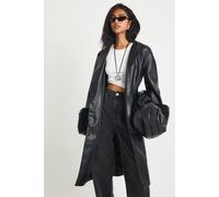 Boohoo Faux Leather Trench Coat With Fur Cuffs In Black black 12