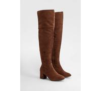 Boohoo Faux Suede Block Heel Over The Knee High Boots In Chocolate chocolate 3