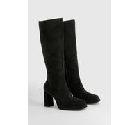 Boohoo Faux Suede Block Heel Platform Knee High Boots In Black black 7