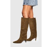 Boohoo Faux Suede Column Pointed Knee High Heeled Boots In Olive olive 4