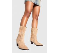 Boohoo Faux Suede Cone Heeled Calf High Western Boots In Taupe taupe 4