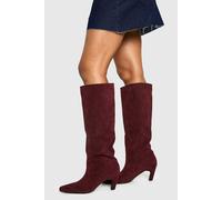 Boohoo Faux Suede Flared Heel Column Pointed Knee High Boots In Burgundy burgundy 5