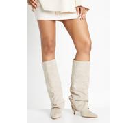 Boohoo Faux Suede Fold Over Stiletto Knee High Boots In Cream cream 5