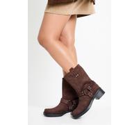 Boohoo Faux Suede Harness Detail Biker Boots In Chocolate chocolate 4
