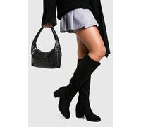 Boohoo Faux Suede Low Block Pull On Knee High Boots In Black black 3