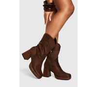 Boohoo Faux Suede Platform Wooden Heel Detail Ankle Boot In Brown brown 8