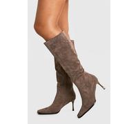 boohoo Women's Faux Suede Pointed Toe Heeled Knee High Boots in Grey | Size: 8